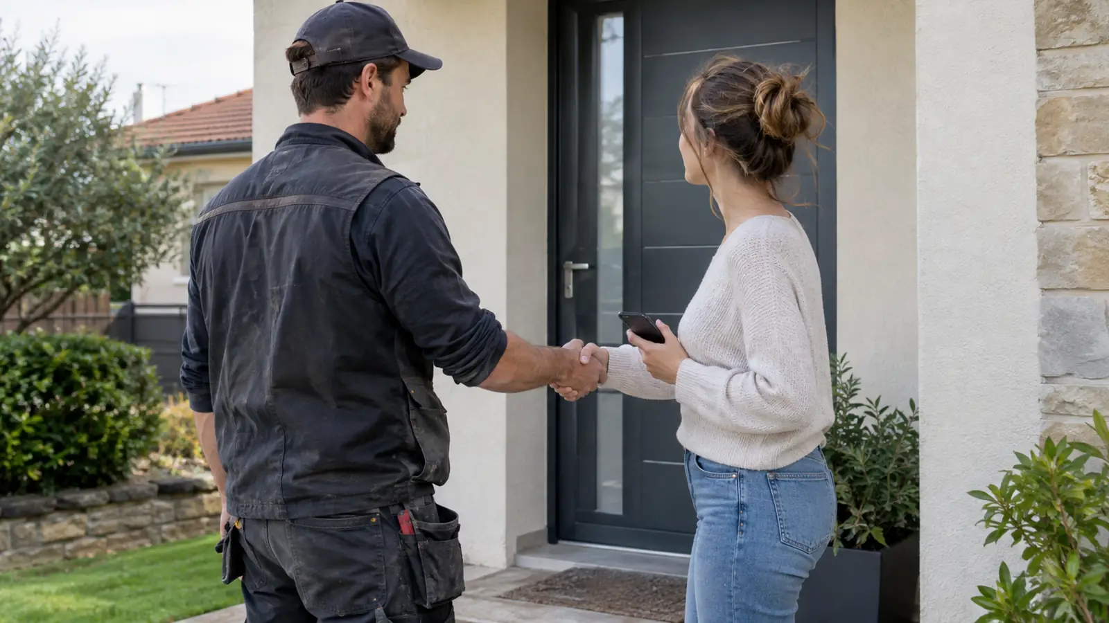 Un client scanne un QR code d’avis Google sur la facture d’un artisan après un chantier