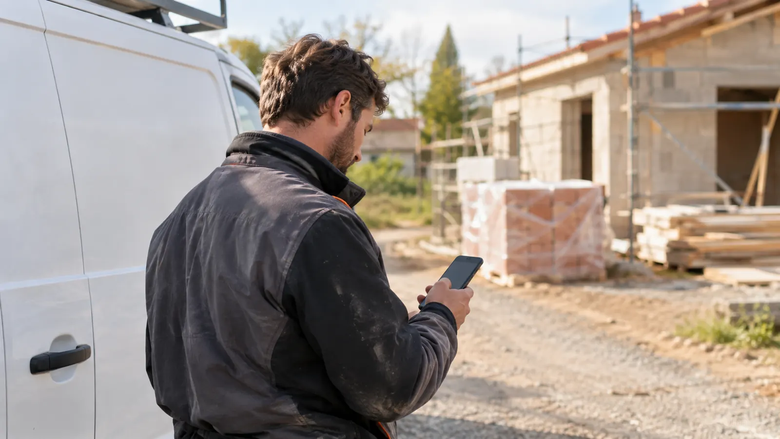 Un artisan consulte sur son téléphone une demande de chantier reçue via la machine à chantiers