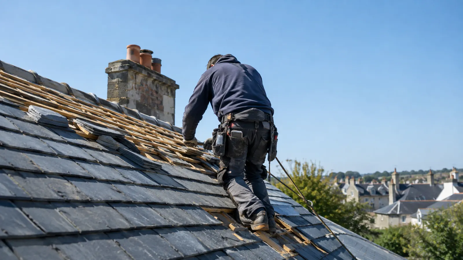 Artisan sur un chantier consultant son téléphone entre deux tâches