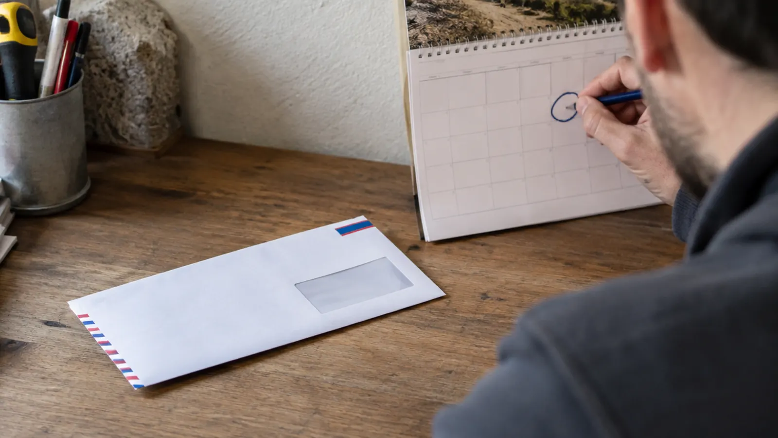 Artisan lisant un contrat Solocal Pages Jaunes avec un calendrier en arrière-plan